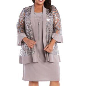 R & M Richards Women's Plus Size Sparkling Sequin Two-Piece Jacket Dress